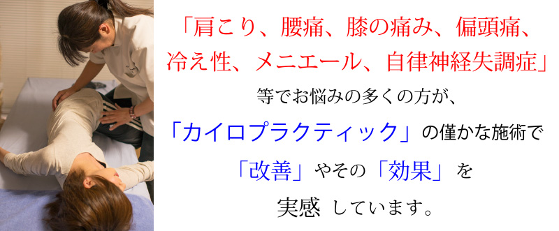 静岡県静岡市にあるカイロプラクティック麻謝の施術では肩こり、腰痛、膝の痛み、偏頭痛、冷え性、メニエール、自律神経失調症等でお悩みの多くの方が、カイロプラクティックの施術で改善や効果の実感を得られています。